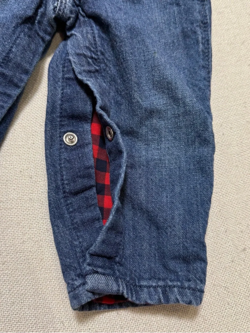 OshKosh B'gosh Plaid Flannel Lined Blue Denim Jean Overalls Star Accents Baby 9M